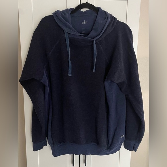 Alo Navy Blue Triumph Fleece Hoodie with Hidden Pockets - Size L - Picture 1 of 4